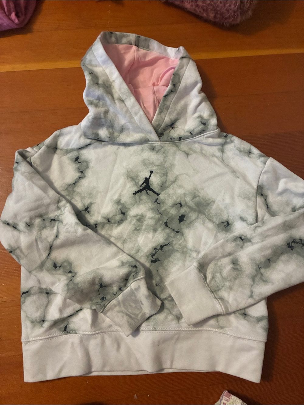 Jordan White Marble-Print Hoodie with Pink Hood Lining